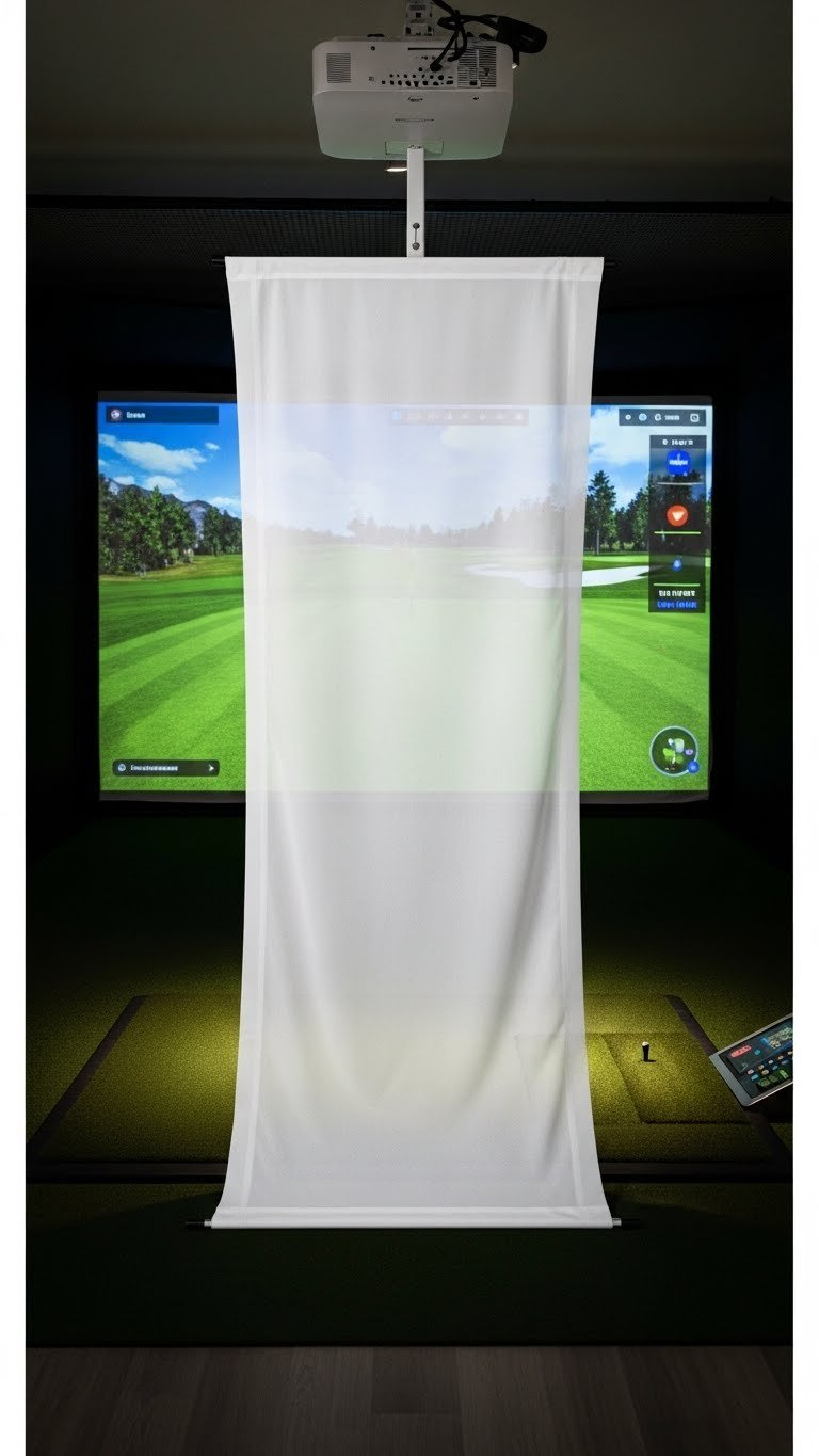 Crisp Virtual Golf Course Projected On A White Golf Impact Screen With Subtle Texture, Framed By A Dark Enclosure In A Home Golf Simulator.