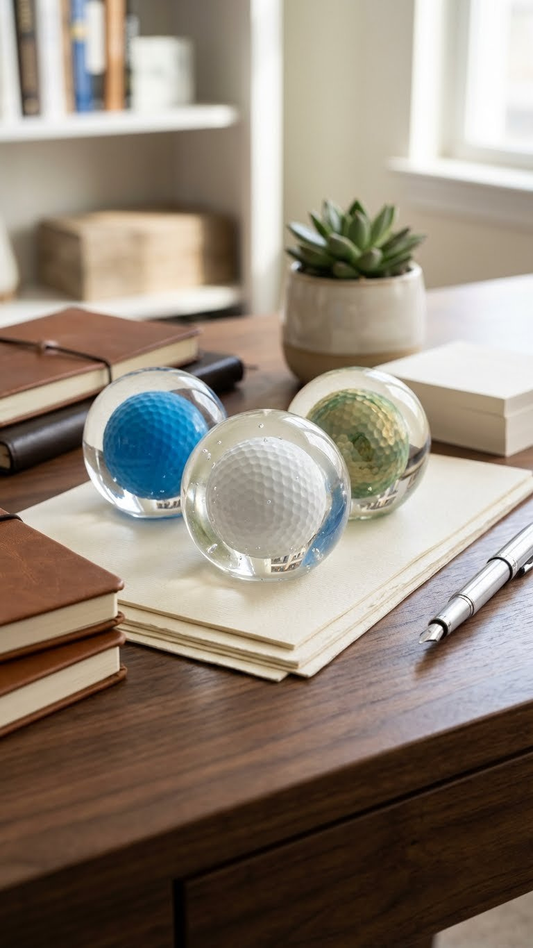 Crystal-Clear Epoxy Resin Paperweights Encase Golf Balls, Displayed Elegantly On A Dark Wooden Desk With Office Accessories.