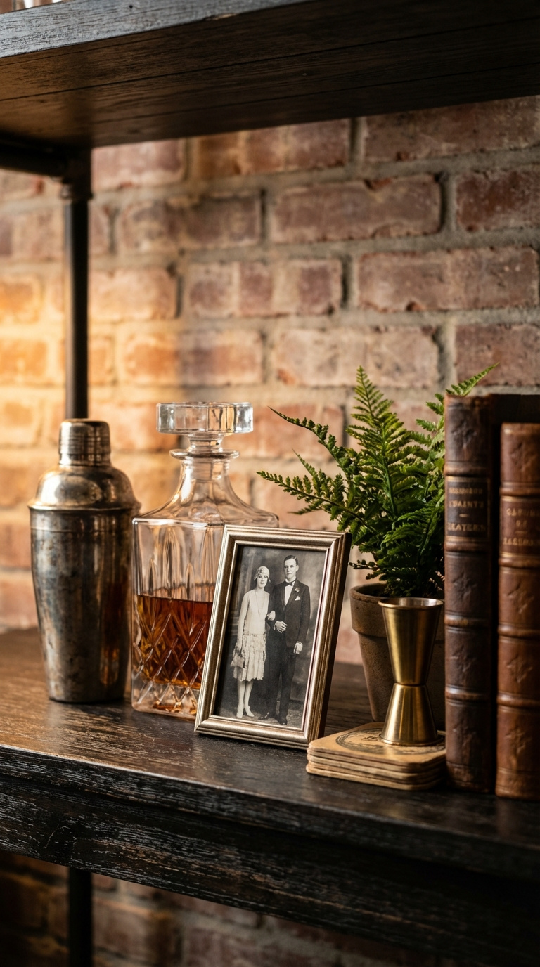 Speak Easy Golf Simulator Room Design Guide For Luxury Homes Curated Speakeasy Decor Collection On Dark Wood Shelf With Vintage Cocktail Accessories And Framed Photo