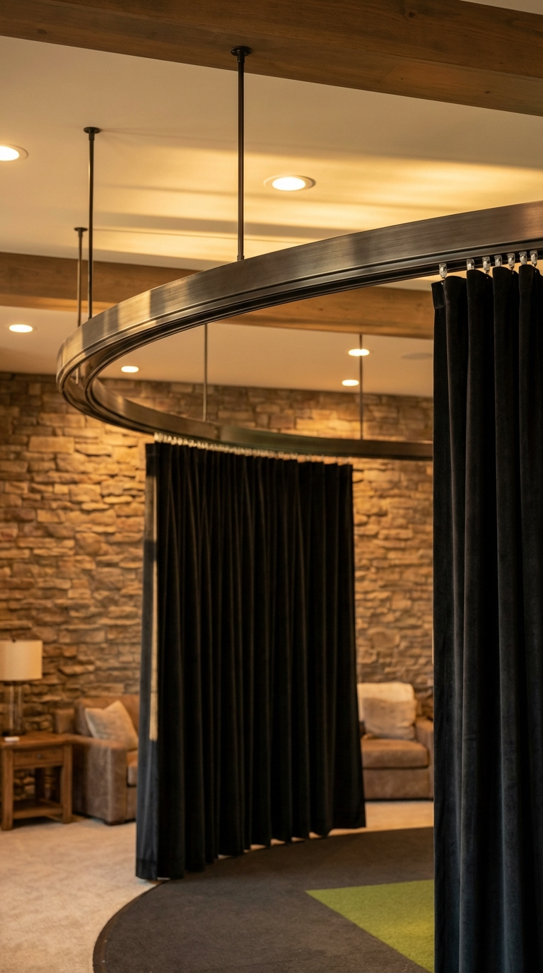 Golf Simulator Room Curtains Complete Guide For Home Setups Curved Metal Ceiling Track System With Black Curtains Enclosing Golf Hitting Bay In Basement With Stone Accent Wall.