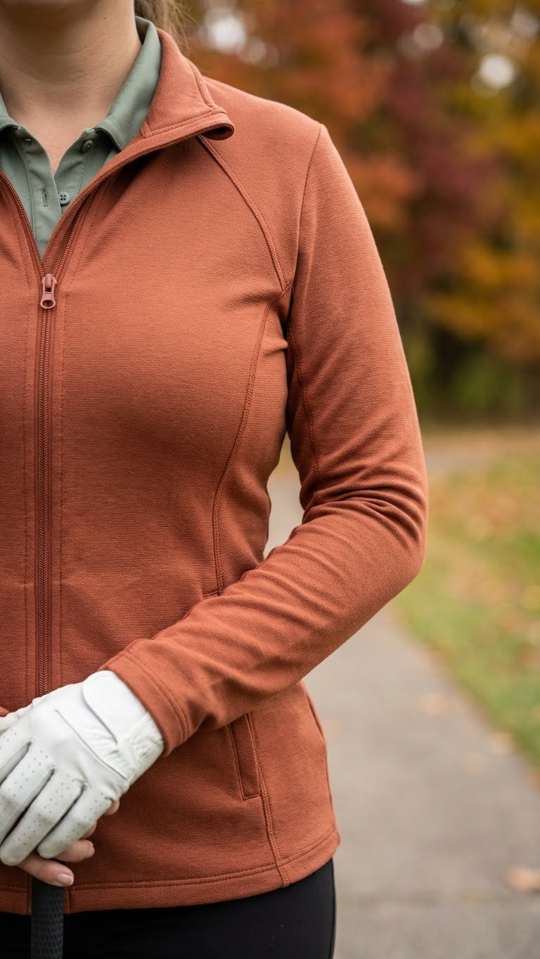 Curvy Woman In A Terracotta Full-Zip Golf Jacket, Tailored Fit, On A Paved Pathway With Fall Foliage. Sage Polo.