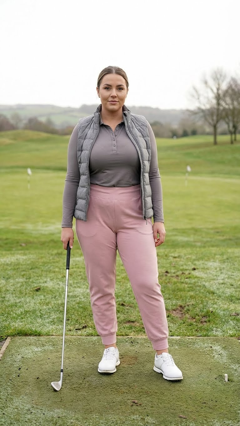 Curvy Woman In Elegant Gray Athleisure Golf Outfit: Tailored Joggers, Pink Polo, Quilted Vest, Driving Range.
