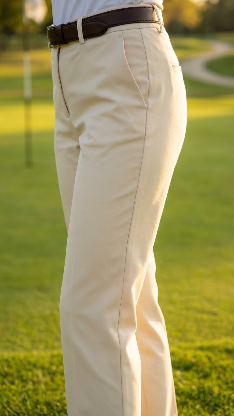 Curvy Woman In High-Rise Stretch Chino Golf Trousers With Dark Belt On A Lush Lawn Near A Flagstick. Cream/Brown.
