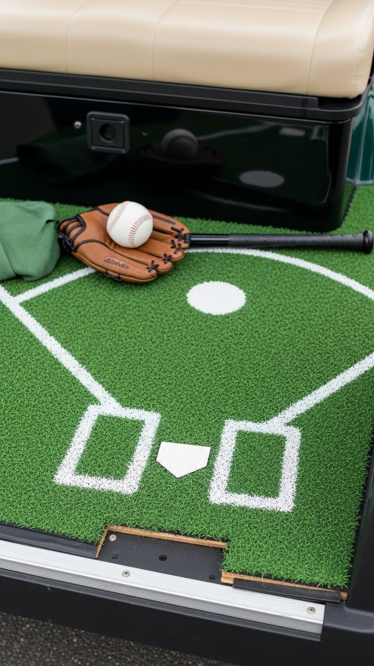 Custom Diy Baseball Field Flooring With Artificial Turf And White Diamond Lines Installed Inside Golf Cart Interior