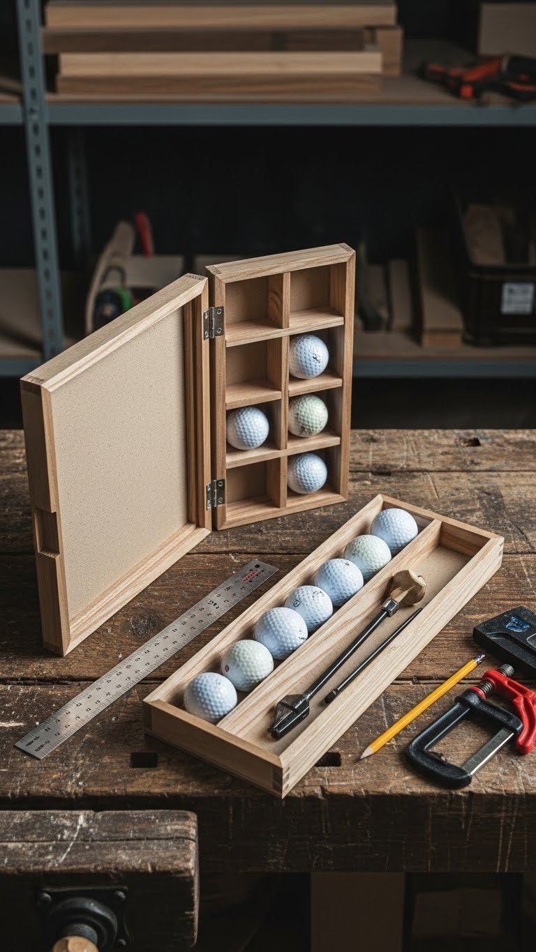 Custom Diy Golf Ball Display Shadow Box Case Partially Assembled With Woodworking Tools On Workbench
