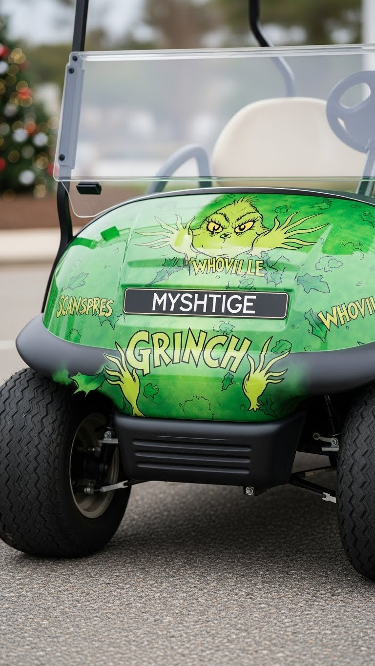 Custom Grinch-Themed Paint Job And Vinyl Decals Featuring Mischievous Motifs Seamlessly Integrated Onto Golf Cart Body For Parade Use.