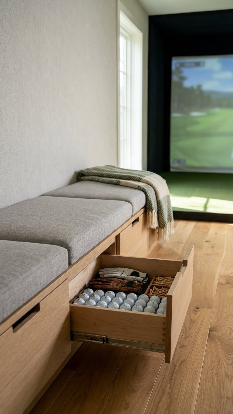 7 Spectator Seating Ideas For Your Home Golf Simulator Room Custom-Built Bench With Integrated Storage Drawers, Cushions, And Golf Accessories Provides An Organized Look For A Home Golf Simulator.