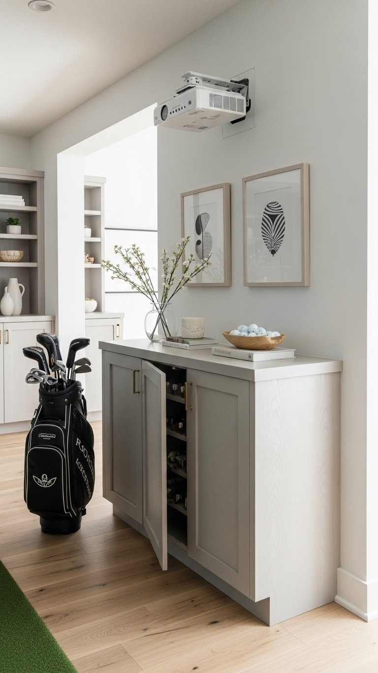 Custom-Built Cabinetry Neatly Storing Golf Clubs And Accessories In A Minimalist Golf Simulator Room With Light Wood Flooring