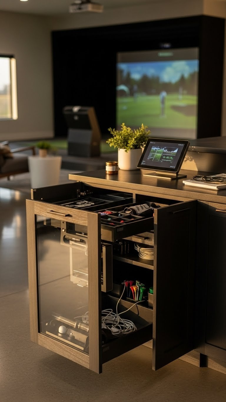 Custom-Built Dark Wood Cabinetry With Glass Front Housing Golf Simulator Electronics And Accessories In A Sophisticated Golf Room Interior