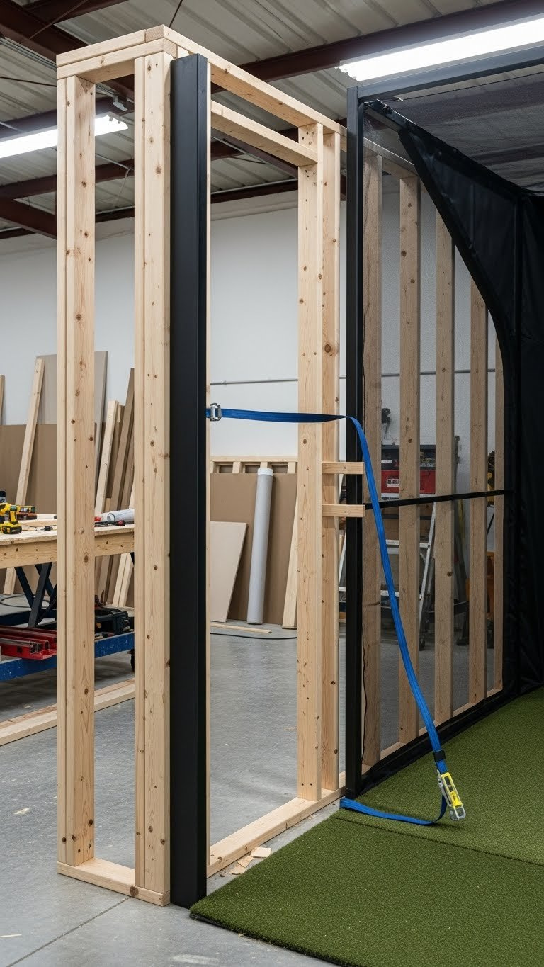 Custom-Built Golf Simulator Enclosure Frame With Partially Installed Impact Screen Showing Tension Straps And Construction Tools