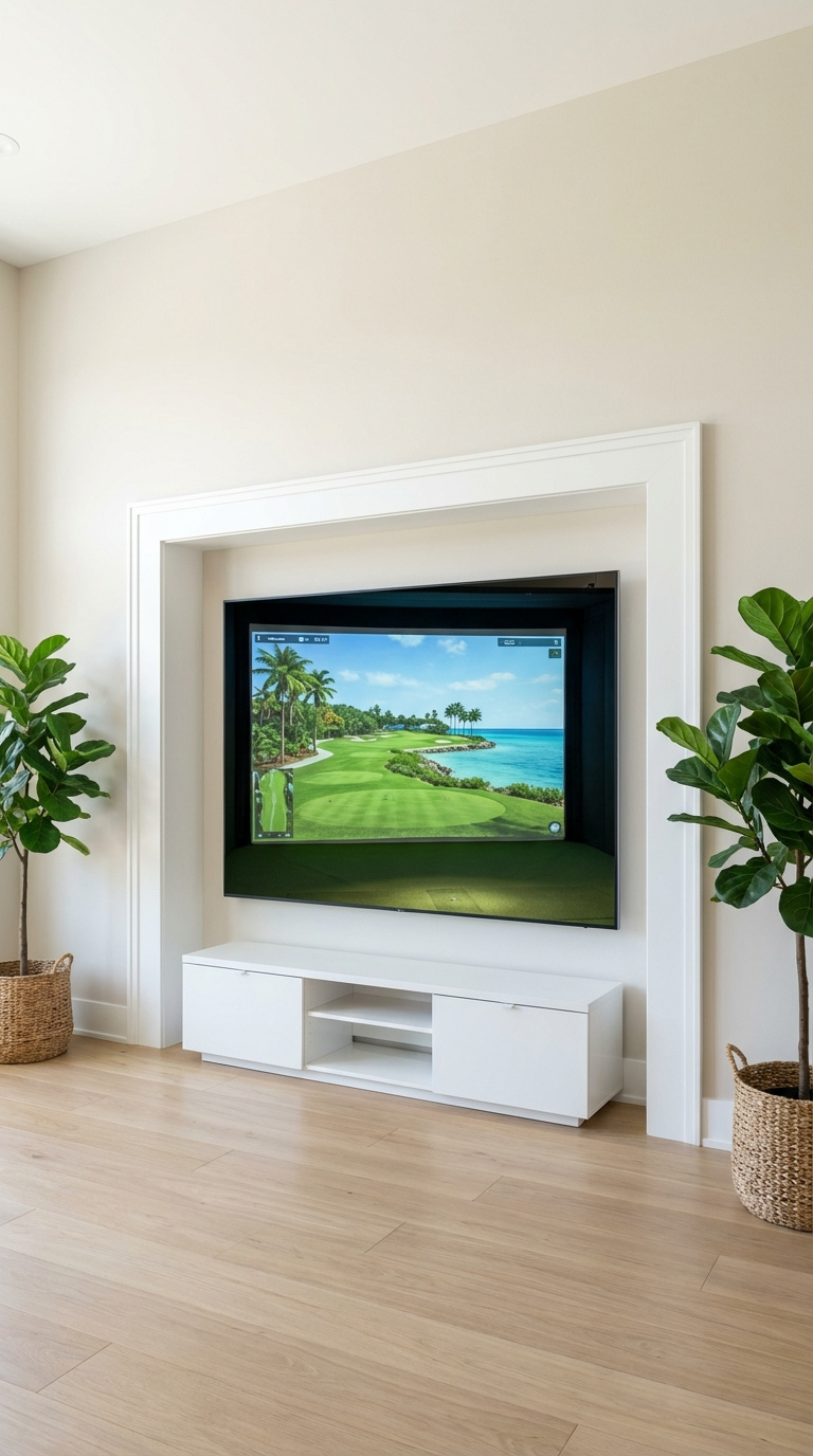 Custom-Built Golf Simulator Enclosure With White Trim Against Sandy Beige Wall Showing Tropical Golf Course Screen