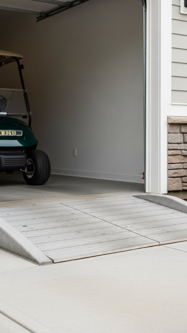 Custom-Built Ramp System For Golf Cart Garage Entrance With Non-Slip Surface And Integrated Drainage Solutions