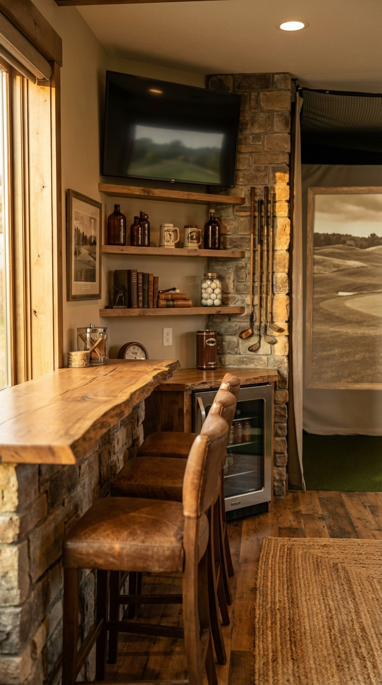 Rustic Golf Simulator Room: Expert Planning &Amp; Design Custom-Built Rustic Bar Area With Live-Edge Wooden Countertop And Stone-Clad Facade In Golf Simulator Room