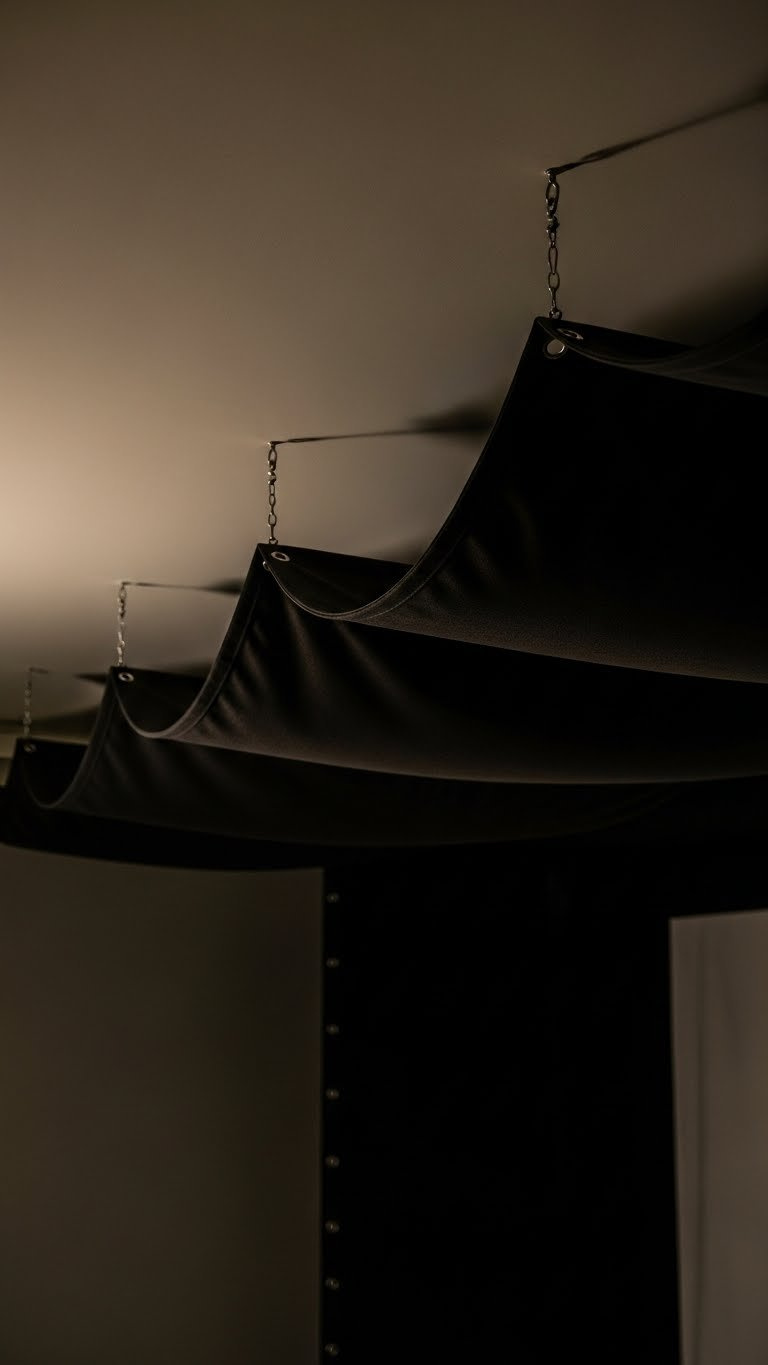 Custom Ceiling Baffle System With Black Canvas Fabric Hanging From Wires In Sophisticated Golf Simulator Room