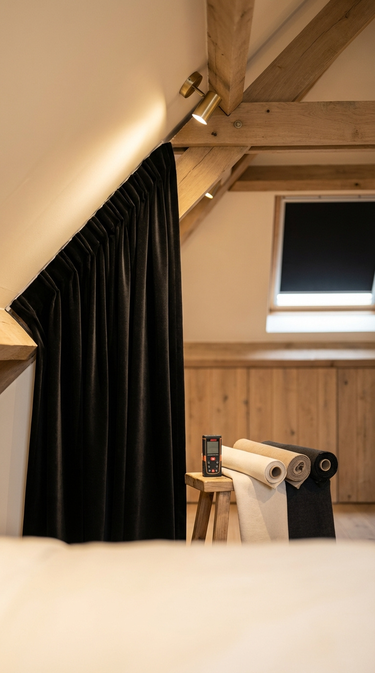 Golf Simulator Room Curtains Complete Guide For Home Setups Custom-Fit Black Curtain Tailored To Angled Attic Ceiling Slope With Wood Beams And Skylight In Background.