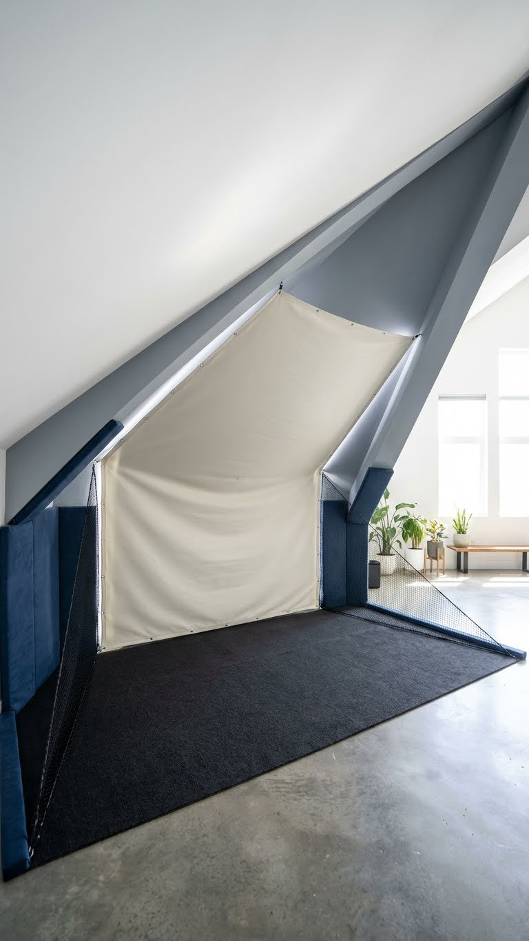 Golf Simulator Loft Room: Ultimate Sloped Ceiling Solutions Custom-Fitted Golf Impact Screen Tensioned Within An Irregularly Shaped Golf Simulator Loft Room With A Sloped Ceiling And Protective Padding.