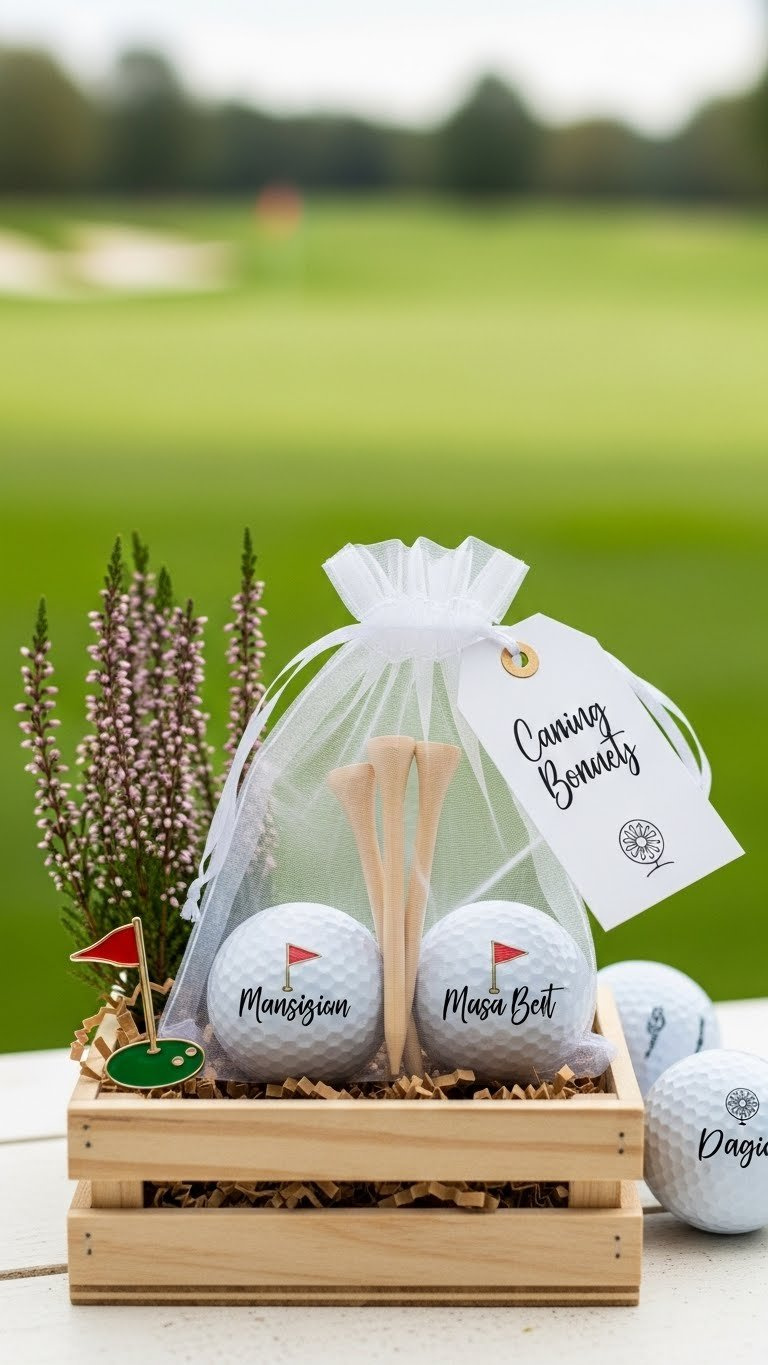 Custom Golf Ball And Tee Set In Organza Bag Displayed On Rustic Wooden Crate With Golf Course Background And Heather Sprig.