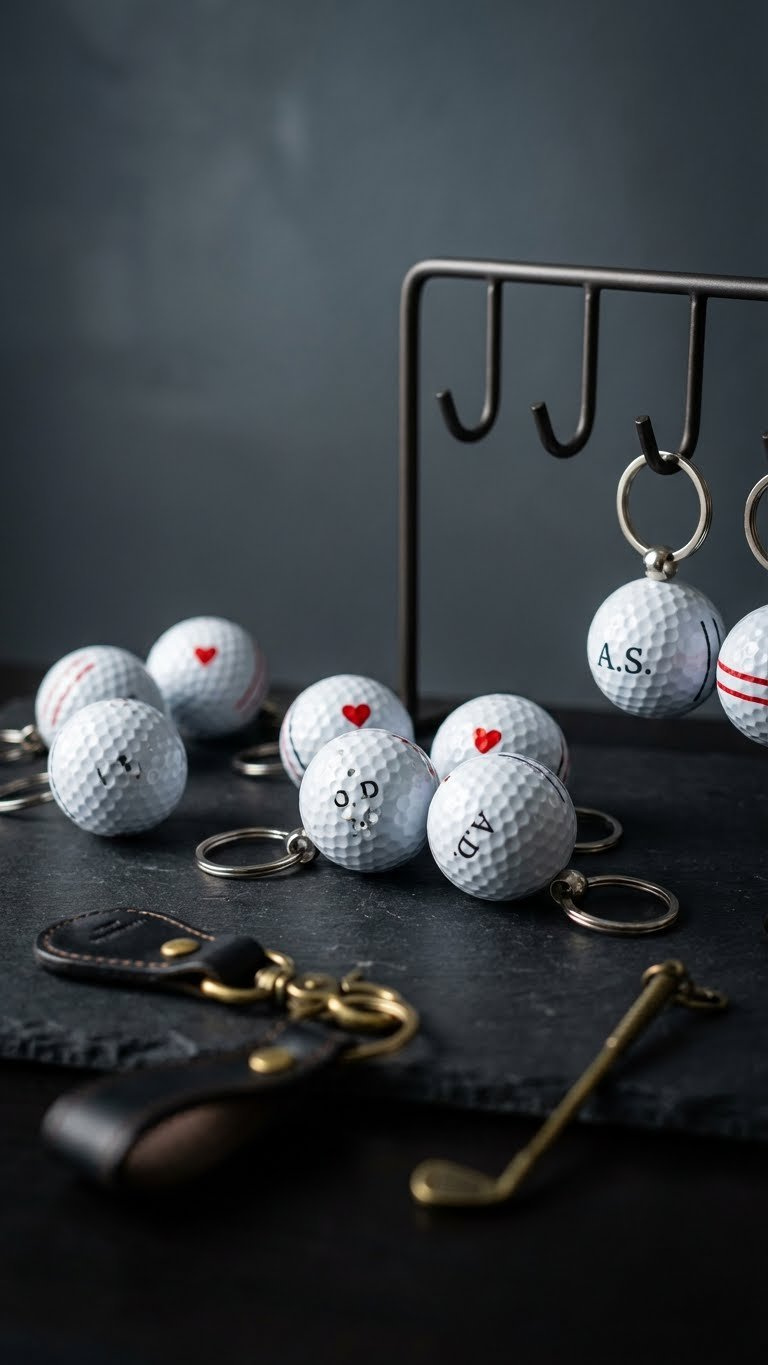 Golf Ball Crafts Valentines: 7 Sweet Diy Gift Ideas Custom Golf Ball Keychains With Initials, Hearts, And Stripes On A Dark Textured Surface, Featuring Metal Rings And Dramatic Lighting.
