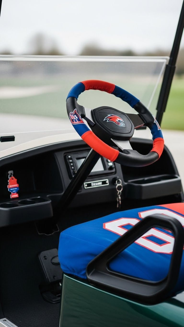 Custom Golf Cart Driver'S Seat With Team Jersey Seat Covers And Matching Steering Wheel Wrap
