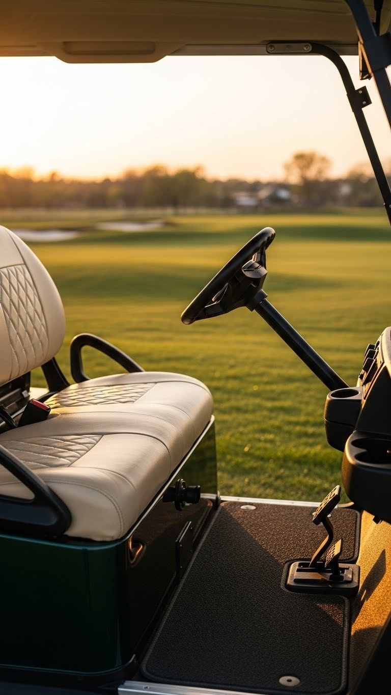 Custom Golf Cart Interior Featuring Premium Diamond Stitch Seats, Ergonomic Steering Wheel, And Warm Golden Hour Lighting.