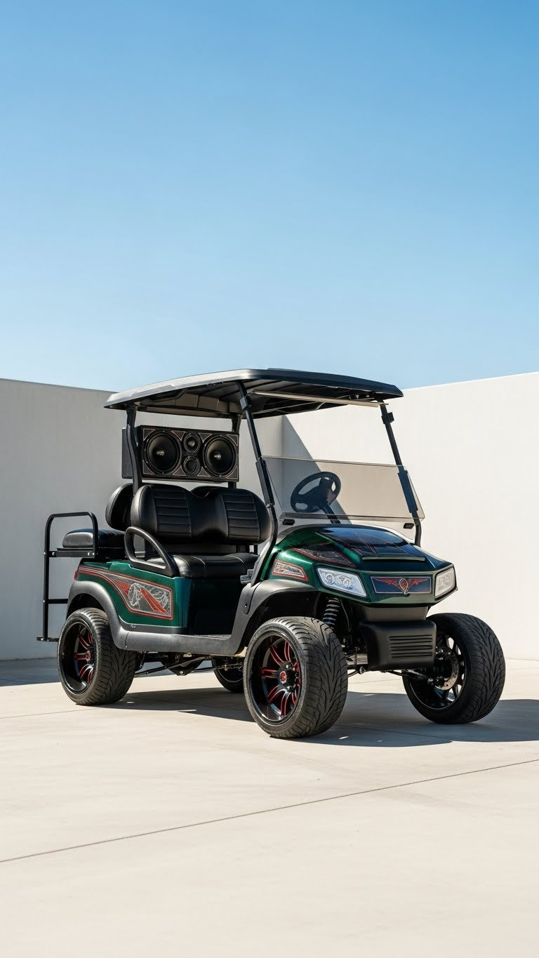 Custom Golf Cart Showcase With Lifted Suspension And Oversized Wheels On Clean Minimalist Background
