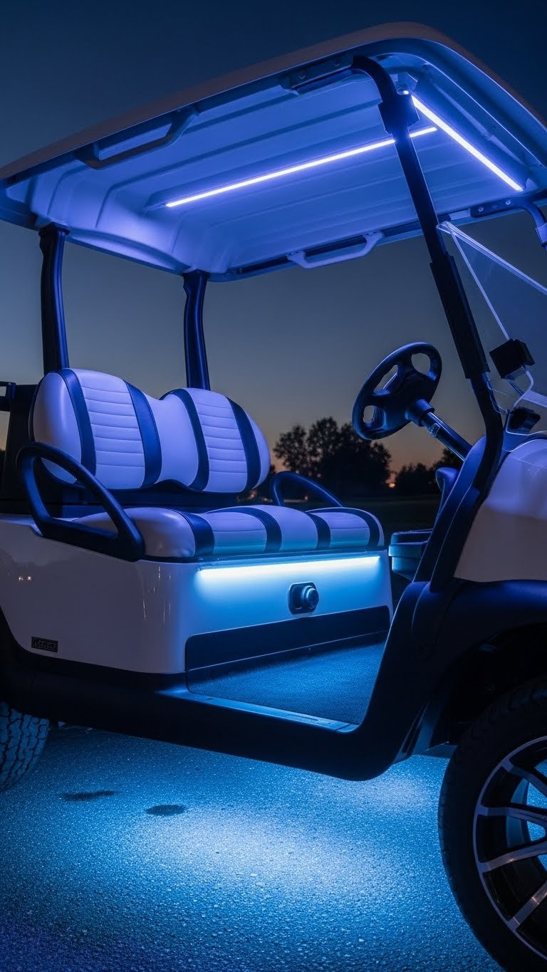 Custom Golf Cart With Vibrant Rgbic Led Underglow Lighting Illuminating Dark Asphalt Surface At Night