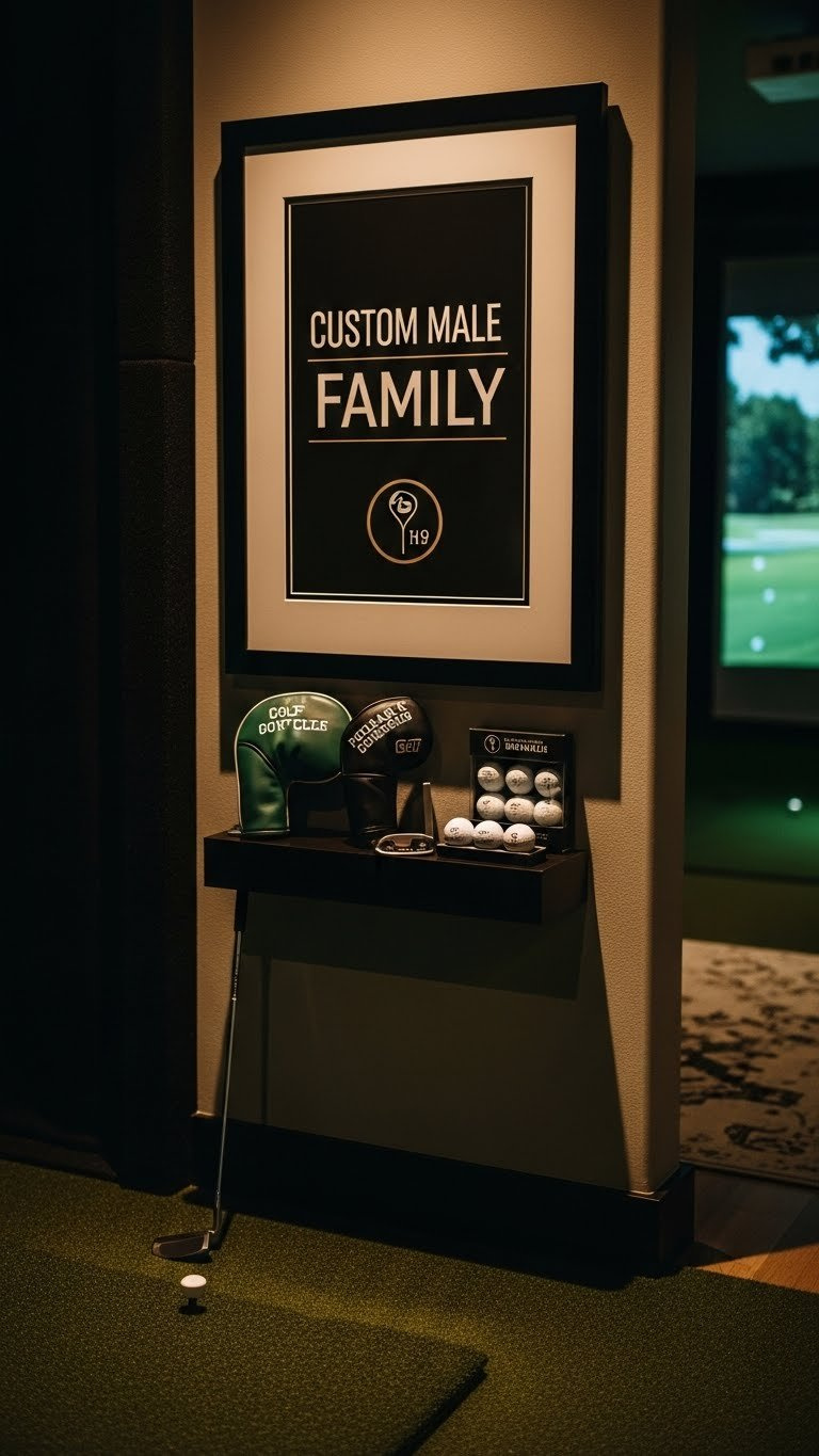 Golf Decor Ideas: 11 Ultimate Home Simulator Room Designs Custom Golf Room With A Framed Personalized Sign, Engraved Putter Cover, And Custom-Branded Golf Balls Displayed.