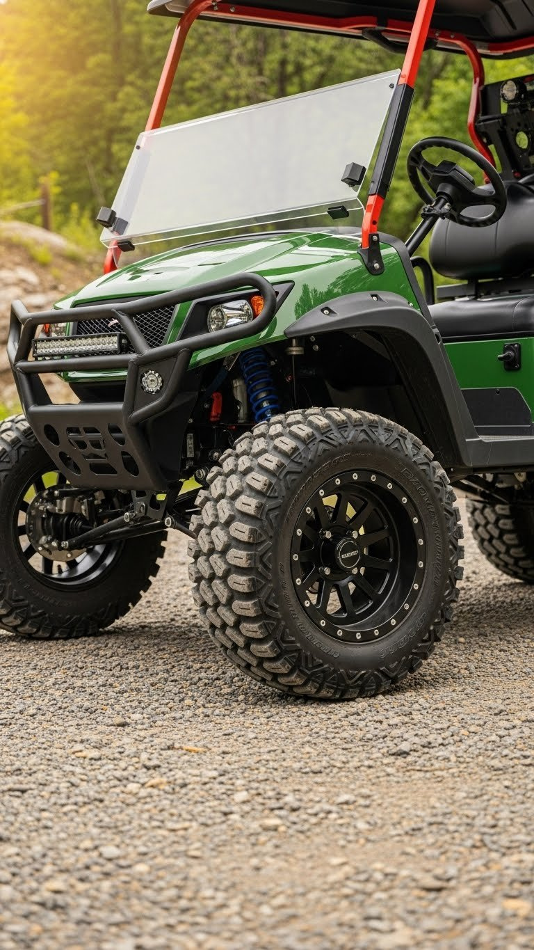 Custom Lifted Golf Cart With Oversized Knobby Tires And Brush Guard Positioned On Gravel Path In Lush Forest Setting