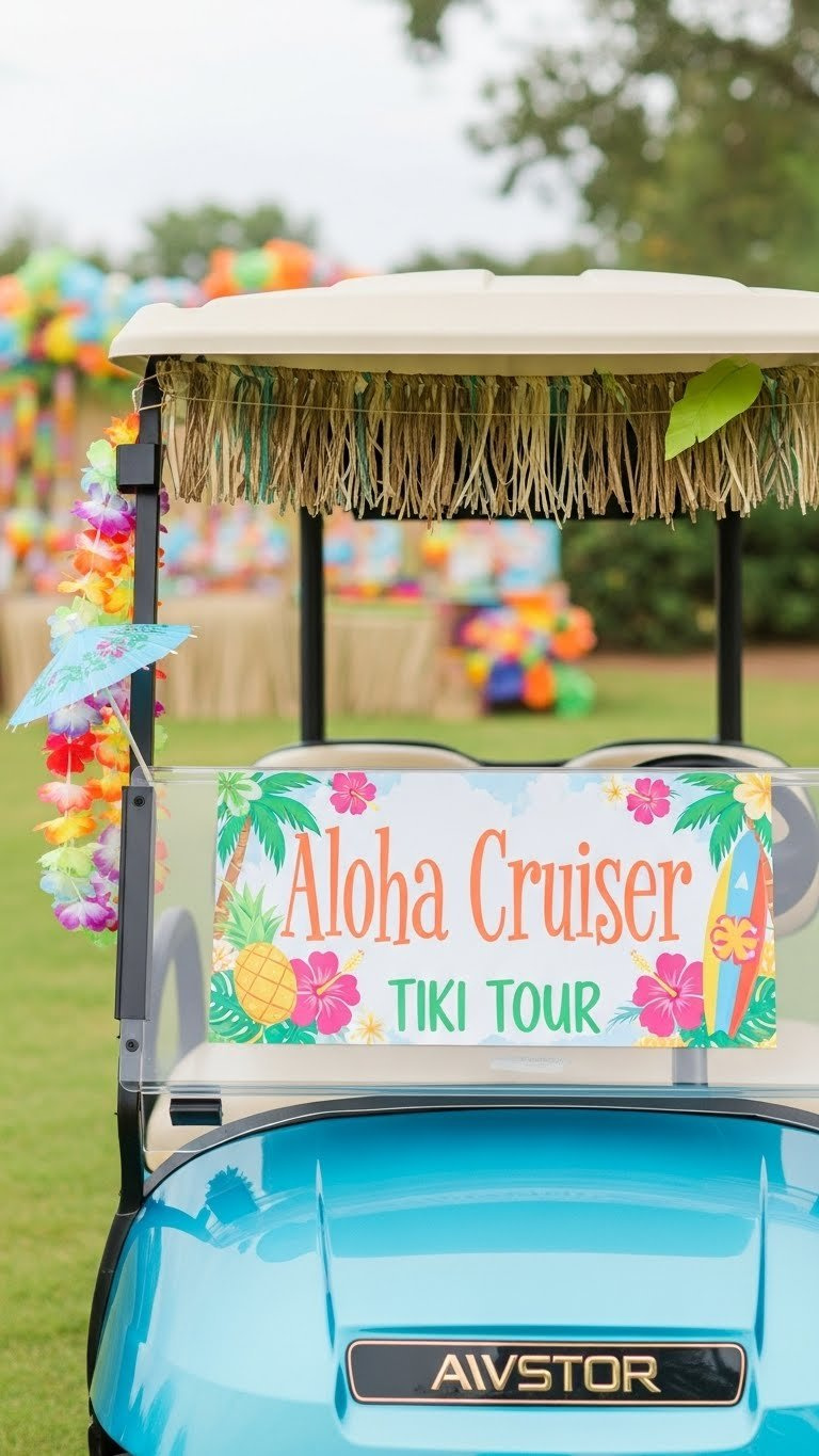 Custom Luau-Themed Golf Cart Sign With Tropical Graphics Against Festive Outdoor Event Backdrop
