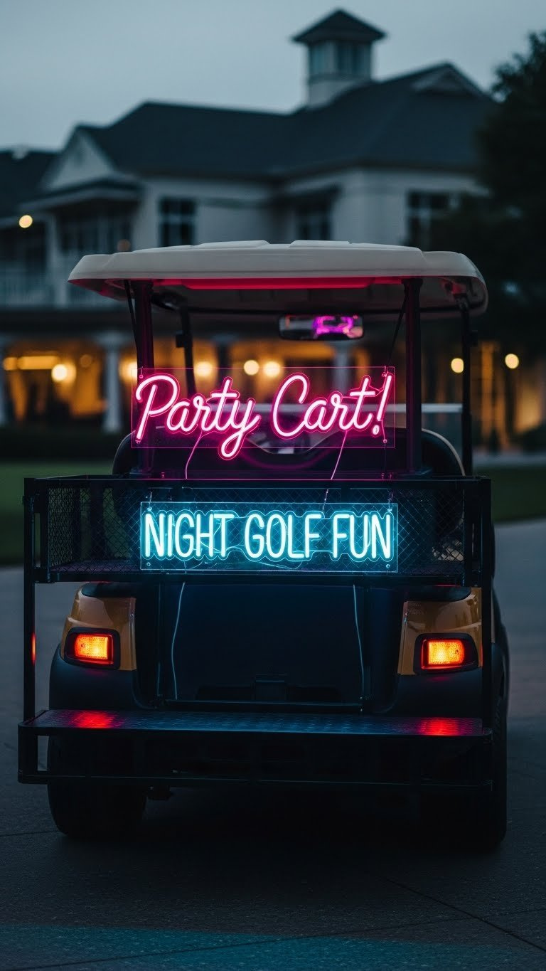 Custom Neon Message Board Mounted On Rear Of Golf Cart Displaying Glowing Text In Vibrant Colors