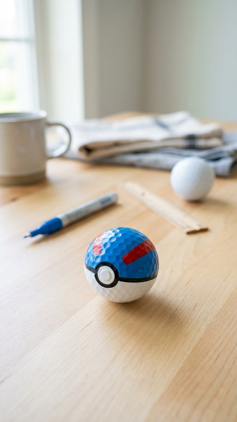 Golf Ball Crafts Pokemon: 7 Easy Diy Ideas For Kids &Amp; Fans Custom Painted Great Ball Golf Ball, Blue, White, And Red With Crisp Lines, On A Wooden Table With Crafting Tools.
