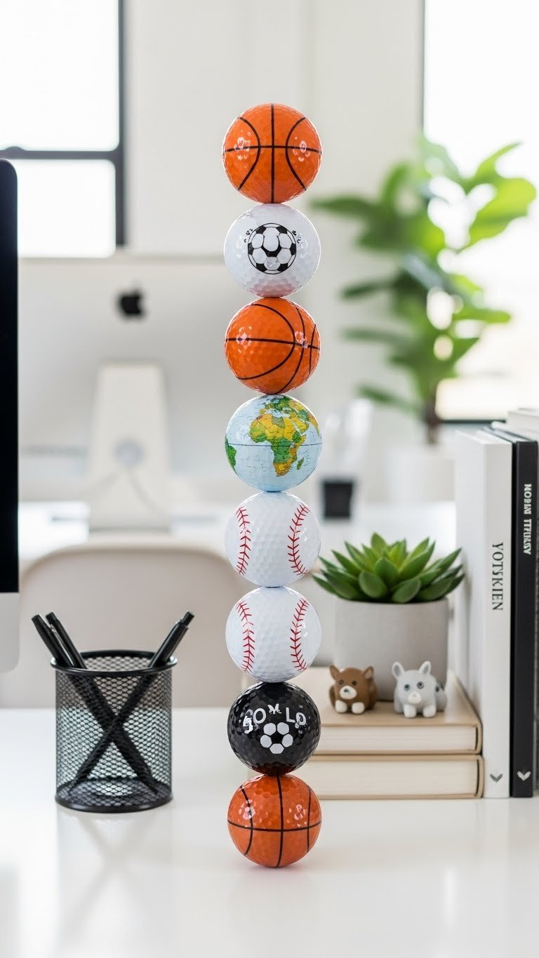 Custom Painted Golf Balls Arranged As Themed Desk Decor On Clean White Office Workspace