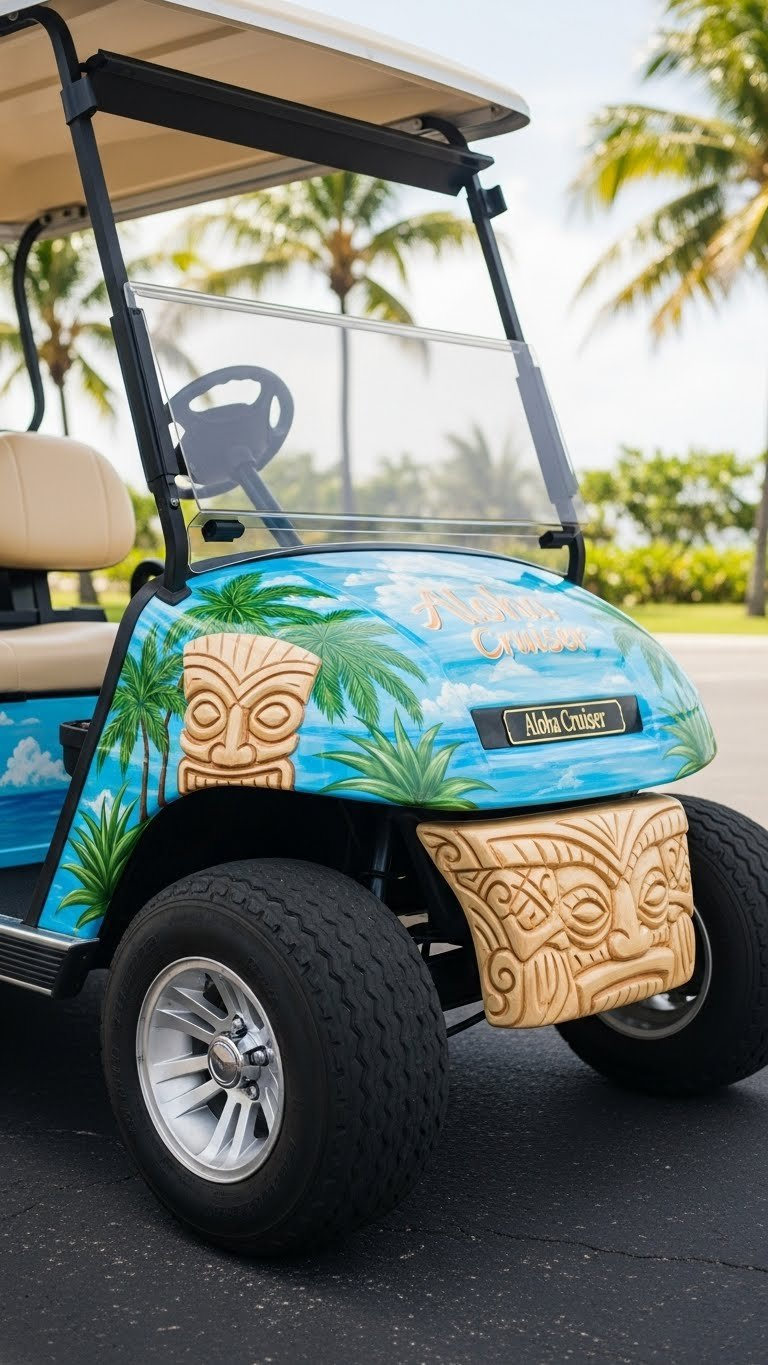 Custom-Painted Tiki Golf Cart With Hand-Painted Tropical Murals And Unique Carved Wooden Details
