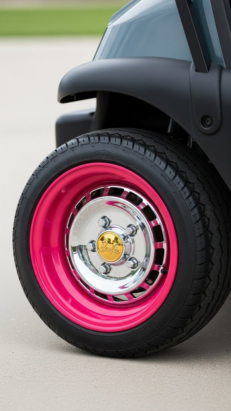 Custom Pink Golf Cart Wheel Rim With Sparkling Hubcap Showing Polished Automotive Upgrade