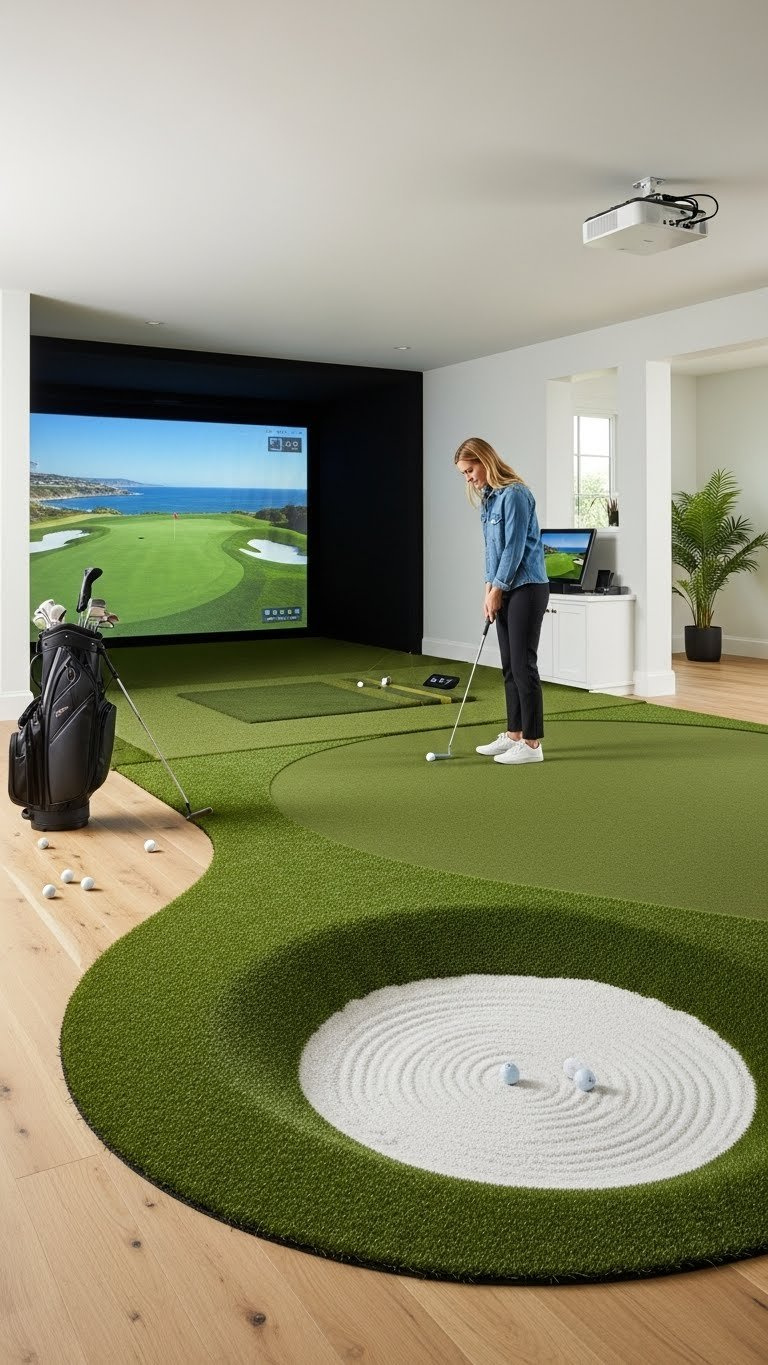 Custom Putting Green With Artificial Turf And White Sand Bunker Integrated Into Coastal Golf Simulator Room