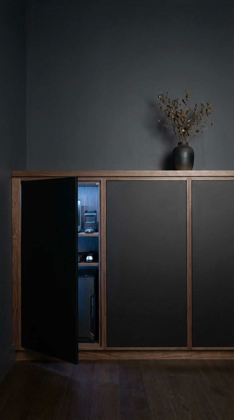 Moody Golf Simulator Room Design Guide For A Luxury Man Cave Custom Walnut Cabinetry With Matte Black Handleless Doors Revealing Blue Computer Glow In Concealed Tech Setup