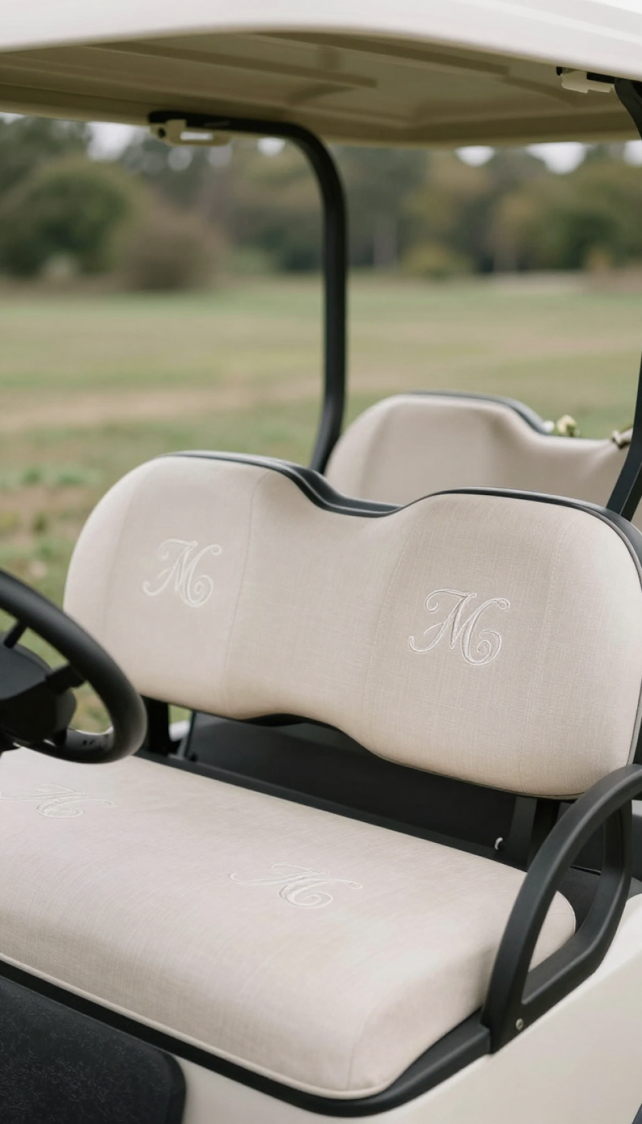 Custom Wedding Golf Cart Interior With Elegant Linen Seat Covers Featuring Monogram Embroidery And Coordinating Pillows.