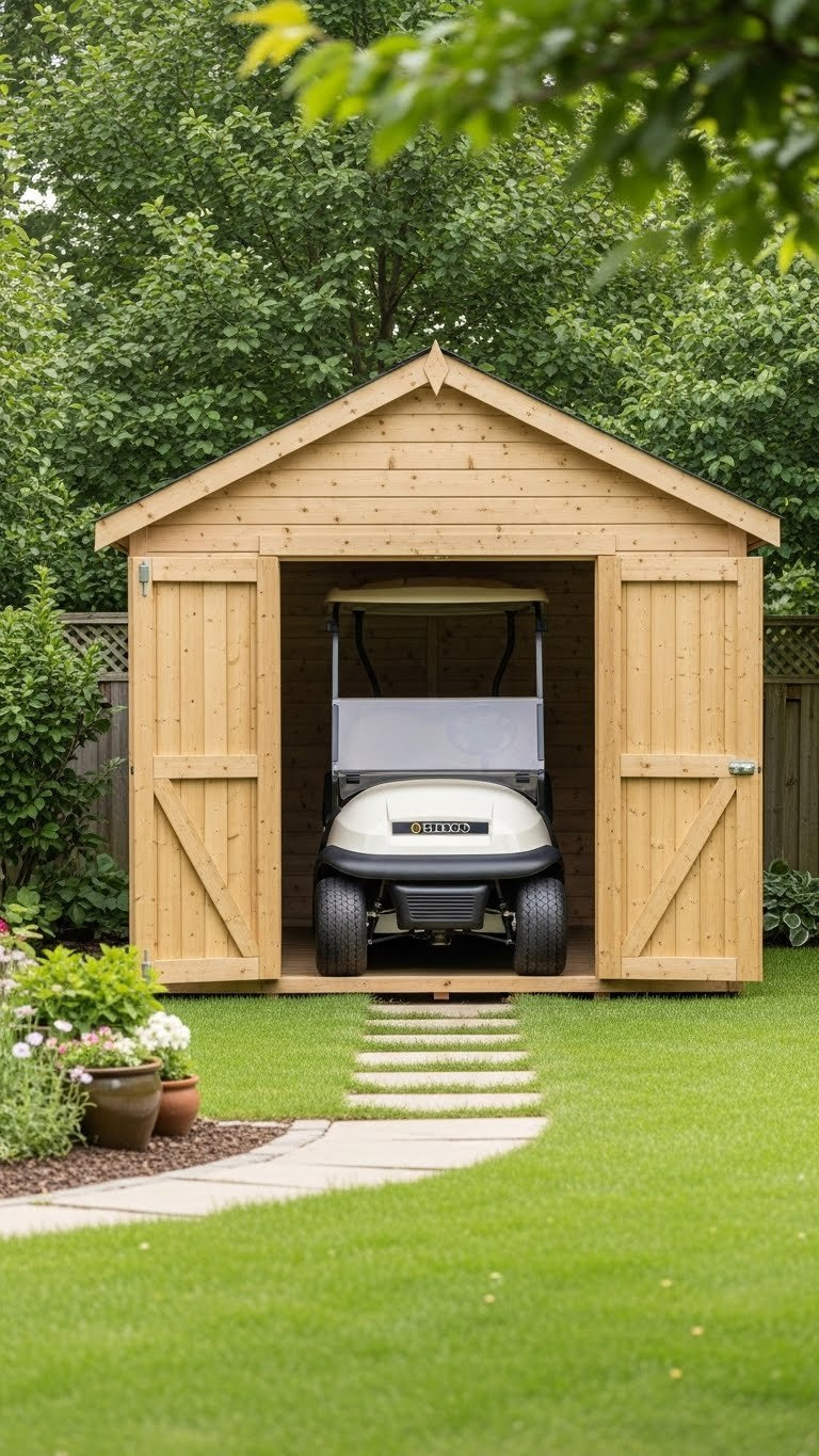 Custom Wooden Golf Cart Shed With Double Doors Ajar Revealing Cart Inside On Manicured Lawn