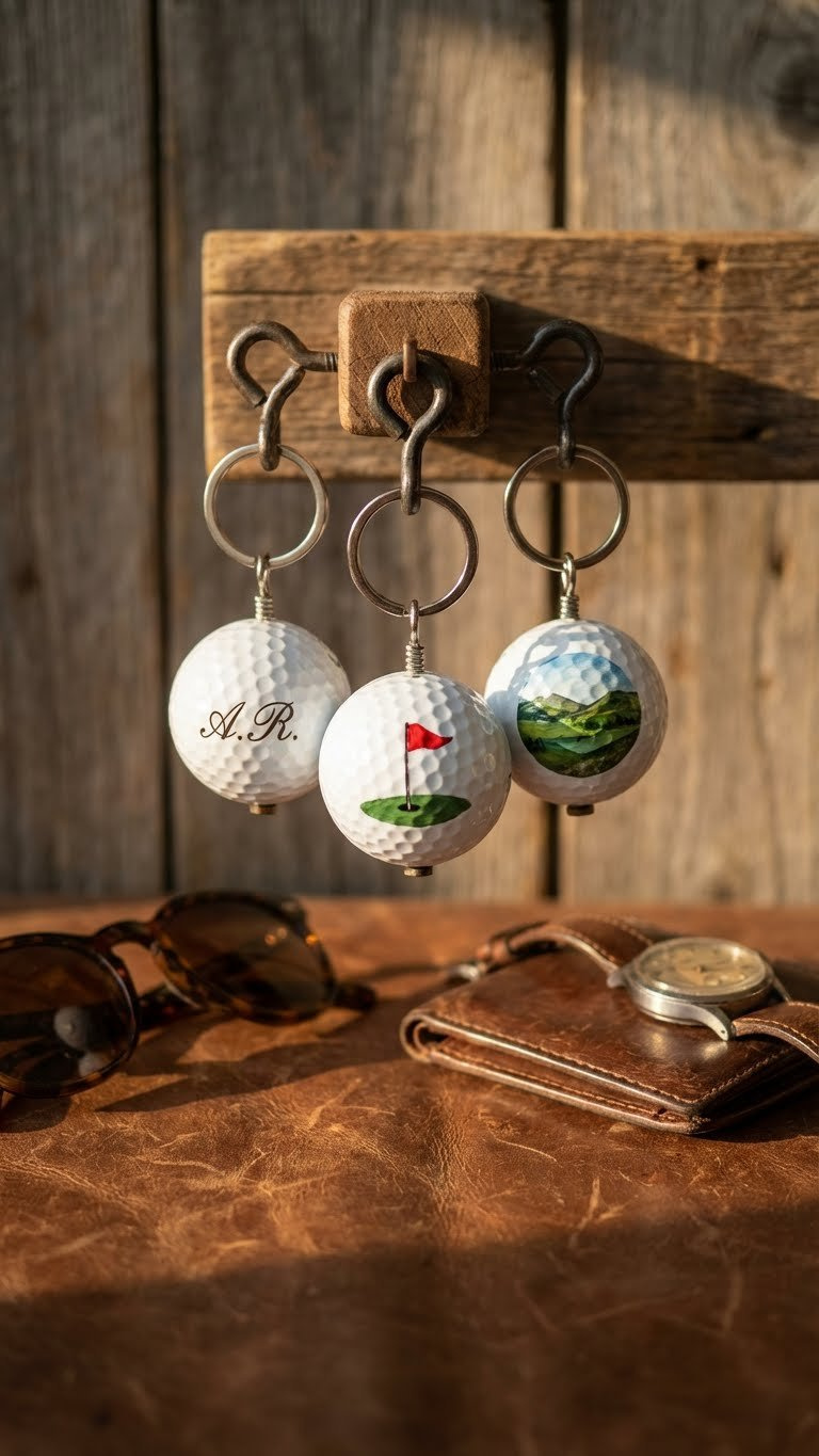 Customized Golf Ball Keychains Feature Unique Designs Like A Flag And Personalized Motifs, Resting On A Worn Leather Surface.