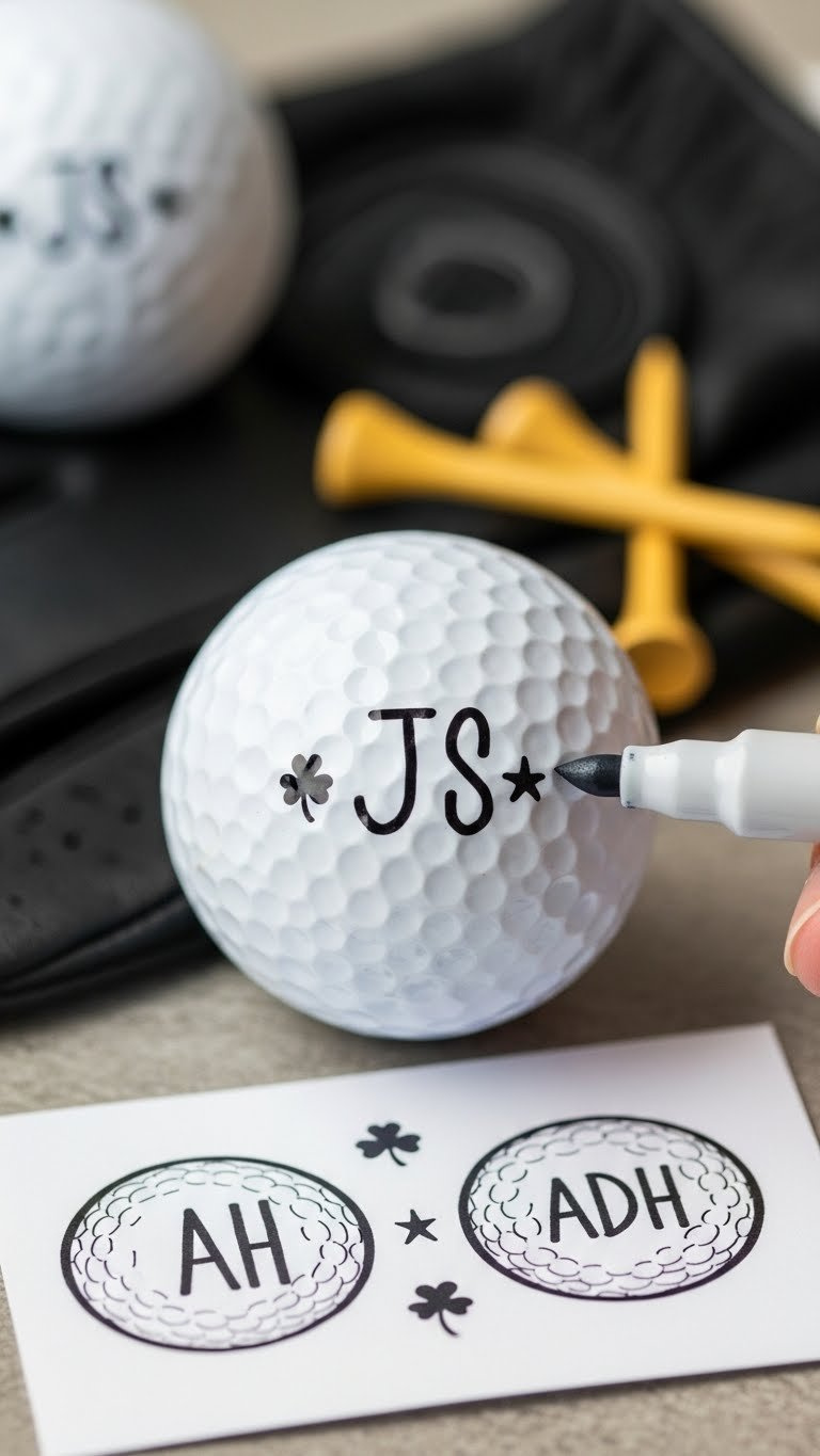 Customized Golf Ball With Stylized Black Initials And Lucky Symbol Design On Wooden Surface For Personalized Golf Accessories