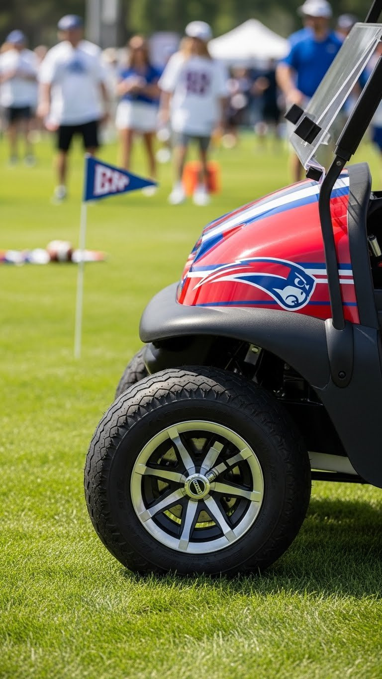 Customized Sports Golf Cart Side Panel With Vibrant Team Colors, Racing Stripes, And Official Logo Against Lush Golf Course Backdrop