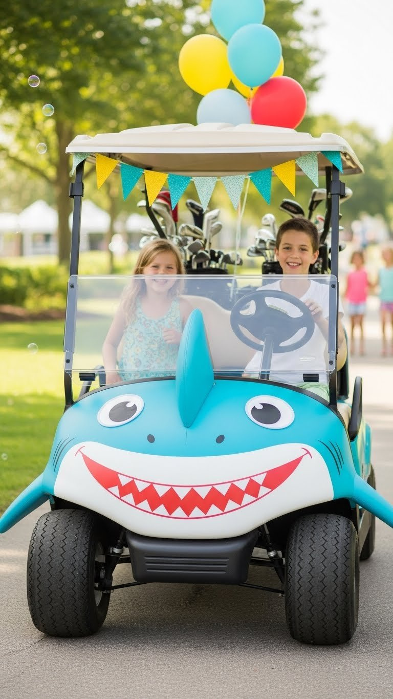 Cute Cartoon Shark Golf Cart With Oversized Googly Eyes And Smiling Mouth In Bright Colors