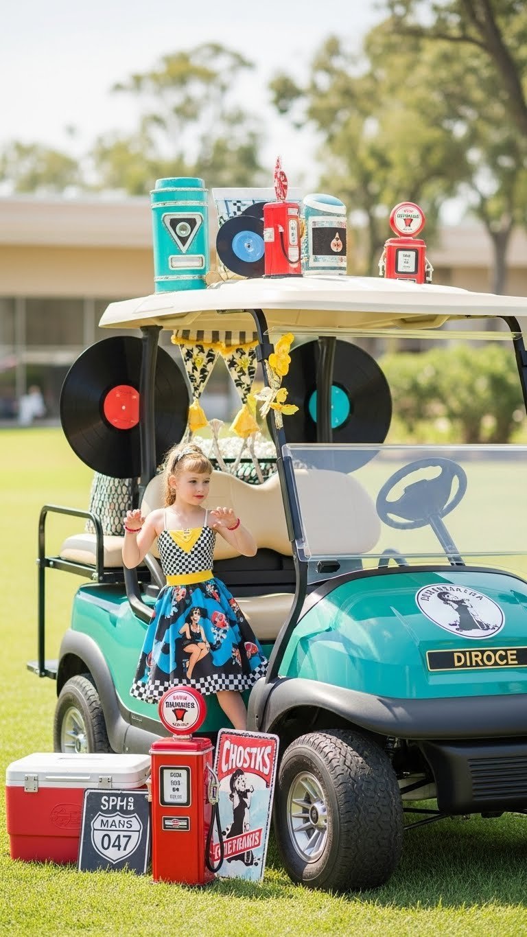 Diy 50S Prop Golf Cart With Oversized Faux Records, Chrome Fender Skirt, And Miniature Vintage Gas Pump Replica