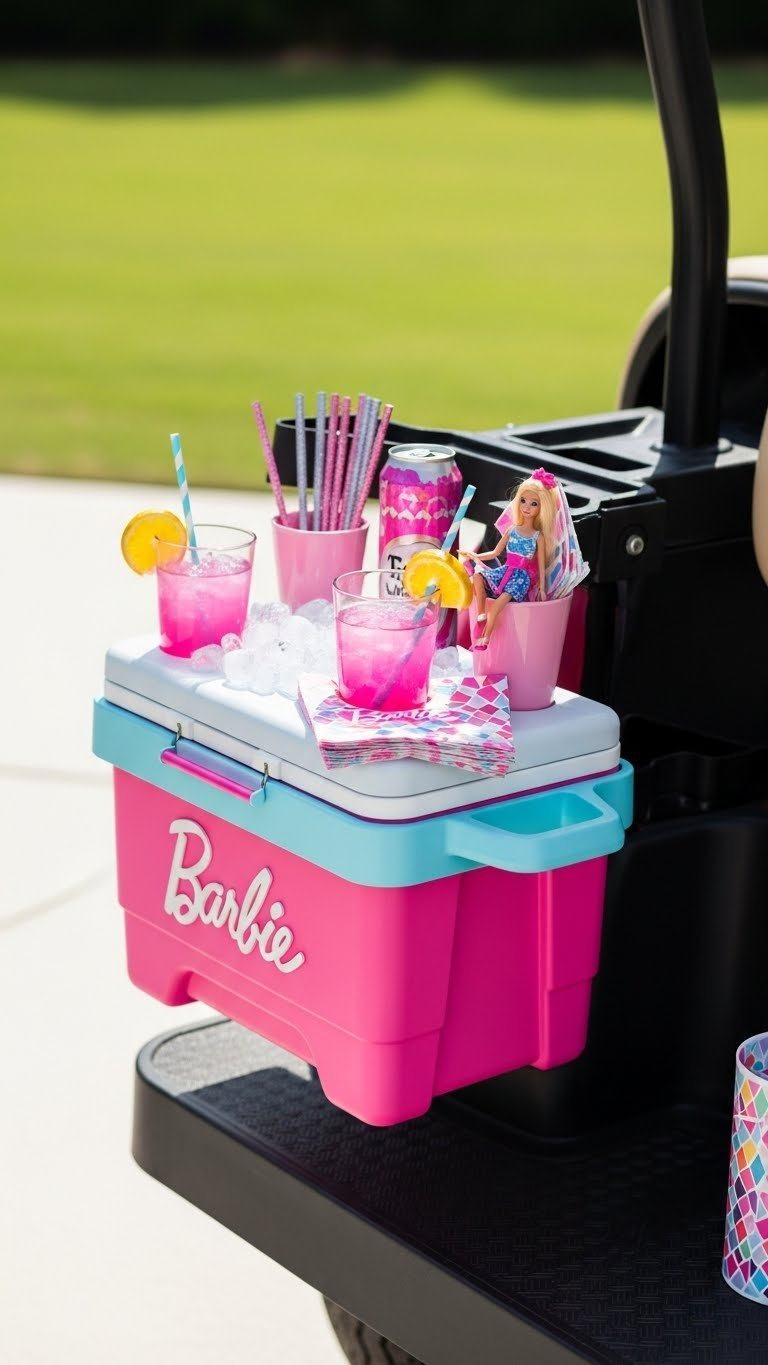 Diy Barbie Beverage Station With Pink Cooler And Themed Drinks On Golf Cart Outdoor Setting