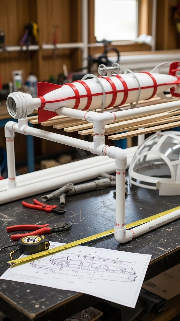 Diy Pvc Pipe Roof Rack For Ecto-1 Golf Cart Build With Photon Torpedo Tube Props Arranged On Workshop Bench