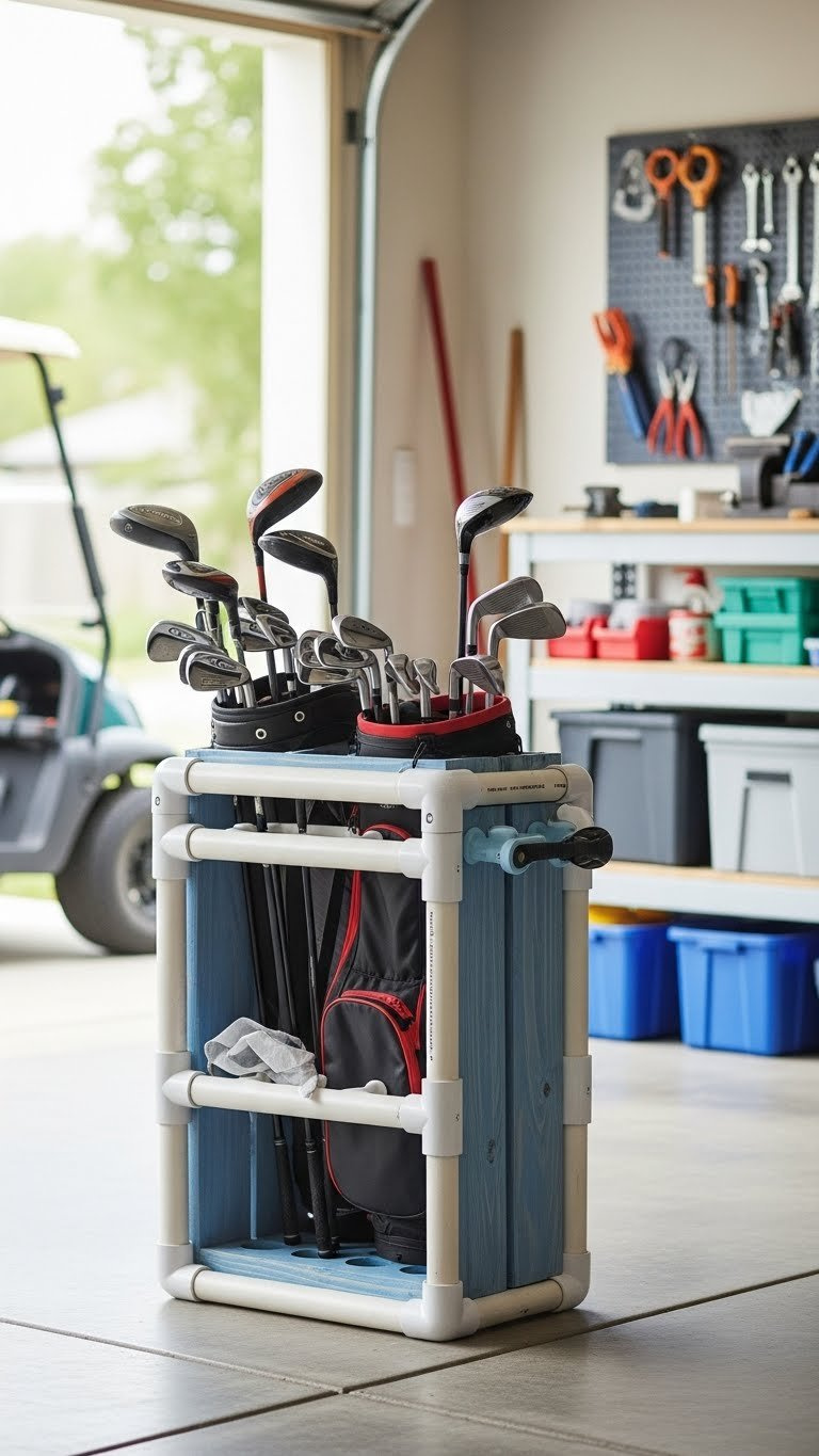 Diy Pvc Pipe Storage Rack For Golf Clubs And Accessories In Organized Garage Setting