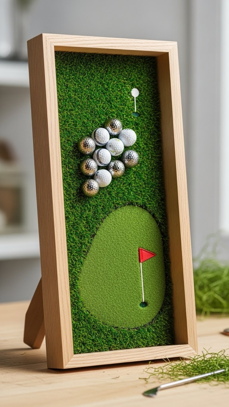 Golf Ball Marker Display: 7 Ultimate Ideas For Collectors Diy Custom Grass Inlay Shadow Box Golf Marker Display With Markers Artfully Arranged On Vibrant Artificial Putting Green Texture.