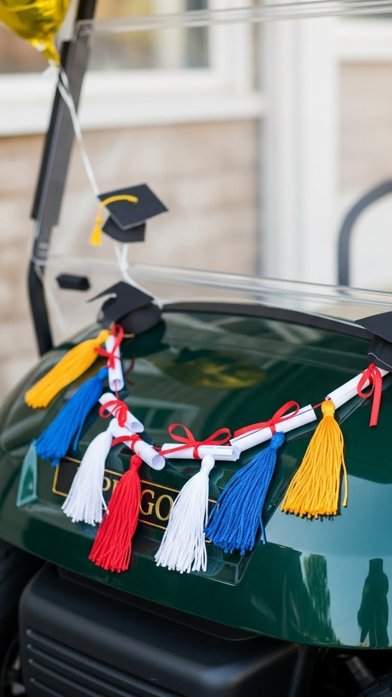 Diy Diploma And Tassel Garland Draped Across Golf Cart Dashboard With Miniature Graduation Decorations