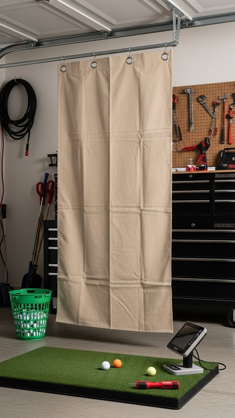 Golf Simulator Room Curtains Complete Guide For Home Setups Diy Garage Golf Simulator Setup With Heavy-Duty Canvas Drop Cloth Curtain Hanging From Emt Conduit Rod Near Tool Chest.