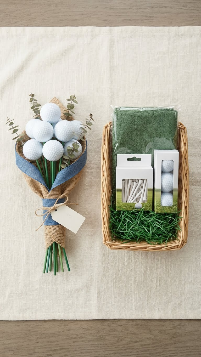 Diy Golf Ball Bouquet Next To A Generic Store-Bought Gift Basket, Highlighting Personalized Thoughtful Presents.